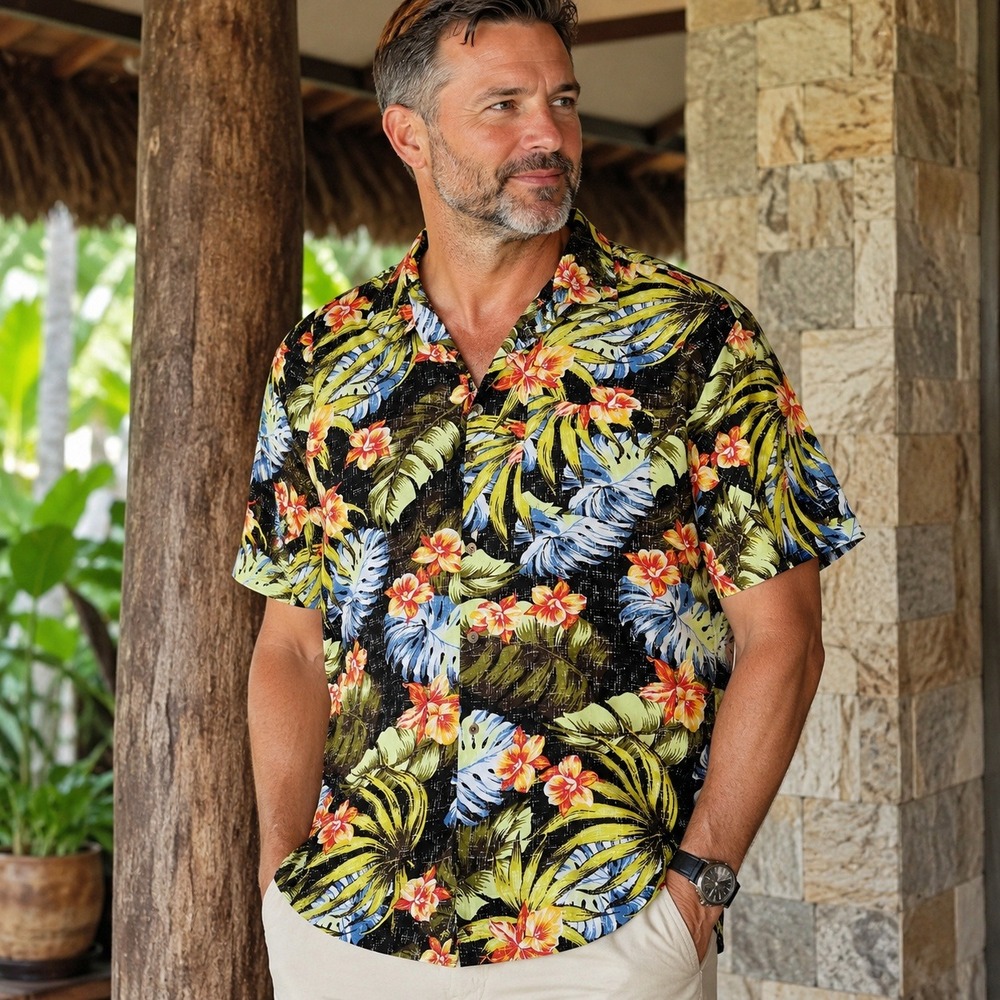 George Button Down Shirt Mens M Black Floral Rayon Tropical Hawaiian GM25Y027